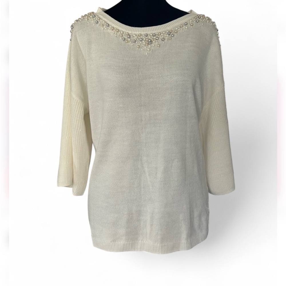 7 AVENUE NYC Crème Perl Beaded Sweater M, 3/4 Sleeves Scoop Neck